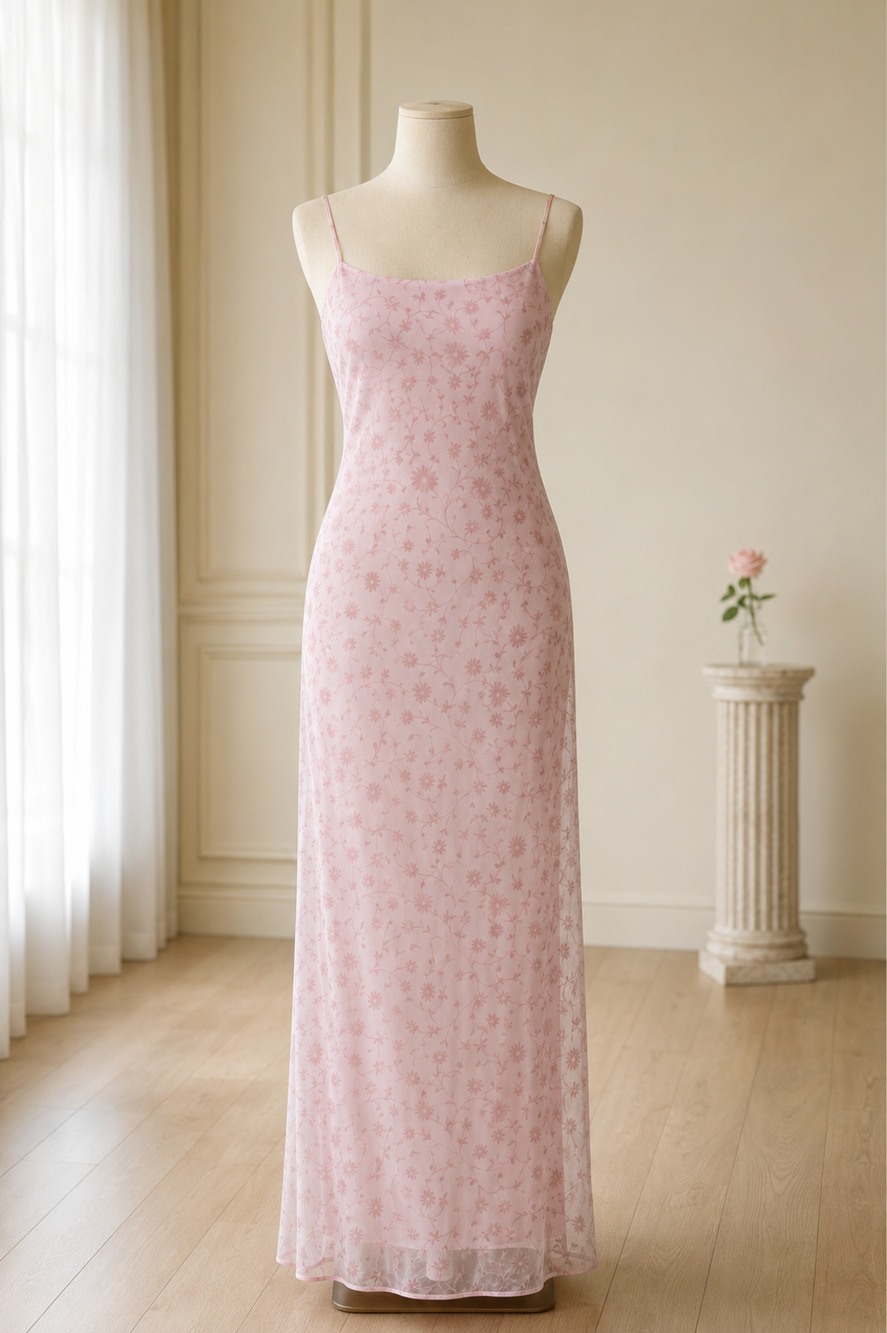 VTG 90s Napoli Pink Floral Mesh Overlay Slip Dress Maxi Whimsigoth Y2K Medium